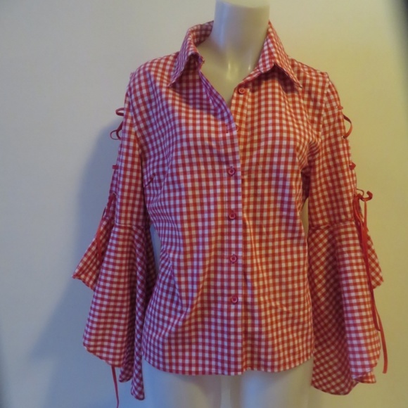MEBOUTIQUE RED/WHITE CHECK TOP, TIE/FLARE SLEEVE-M - Picture 2 of 8